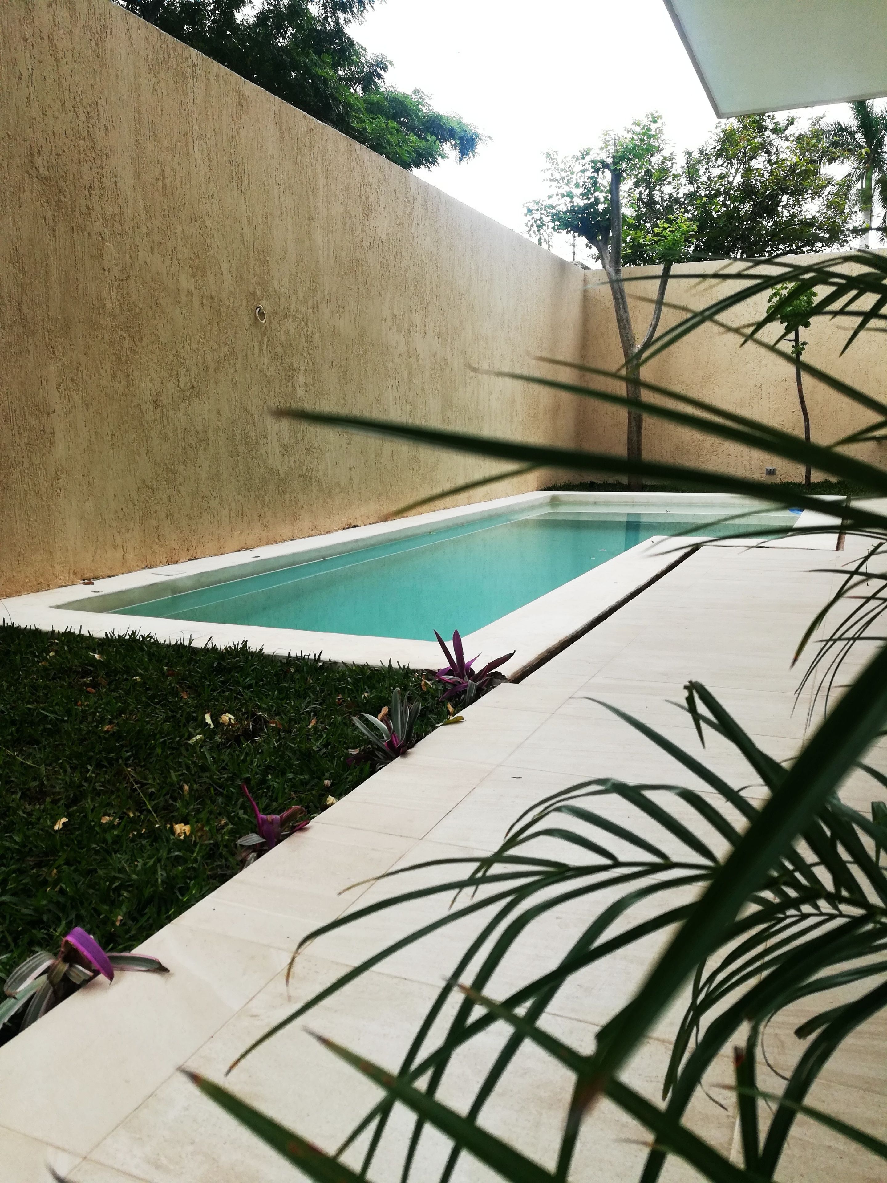 A swimming pool with a tiled deck and a low wall.