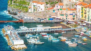 A coastal town with a pier, boats, and colorful buildings. - Relais Freedom Club (Massa Lubrense)