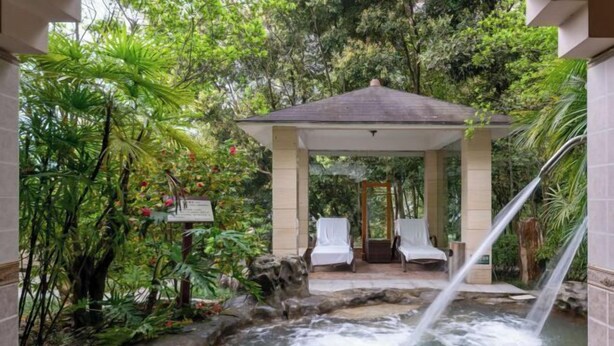 A tranquil garden with a small waterfall, a gazebo, and two lounge chairs.