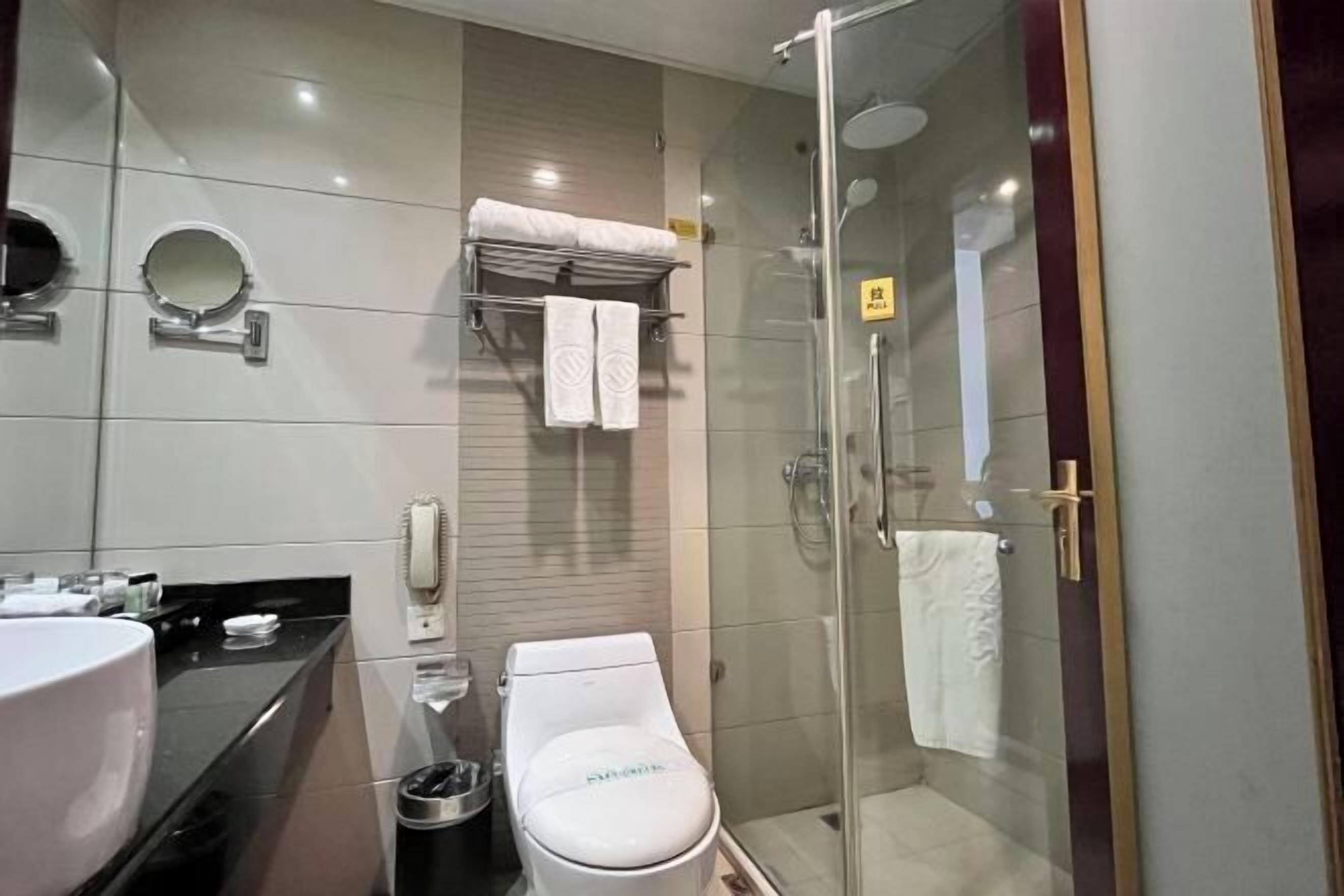 A modern bathroom with a glass-enclosed shower, a white toilet, a sink, and a mirror.