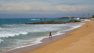 Una playa con una persona caminando por la orilla.