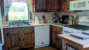 A kitchen with wooden cabinets, a dishwasher, a stove, and a window with a view of greenery.
