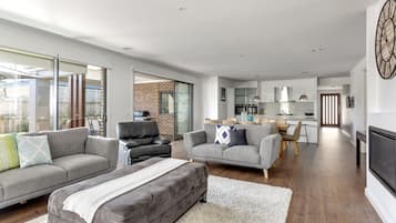 Smart TV, fireplace, DVD player, books