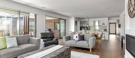 Smart TV, fireplace, DVD player, books