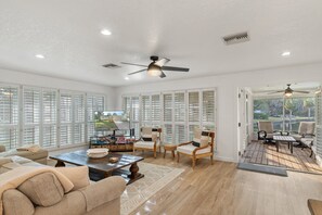 Smart TV, fireplace, video library