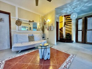 Smart TV, fireplace, books