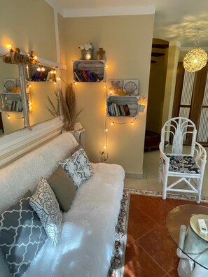 TV connectée, cheminée, livres