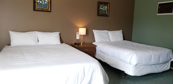 Una habitación de hotel con dos camas individuales, una mesita de noche con lámpara y dos cuadros enmarcados con motivos florales en la pared.