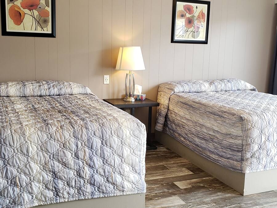 A hotel room with two beds, a nightstand with a lamp, and two framed floral artworks on the wall.