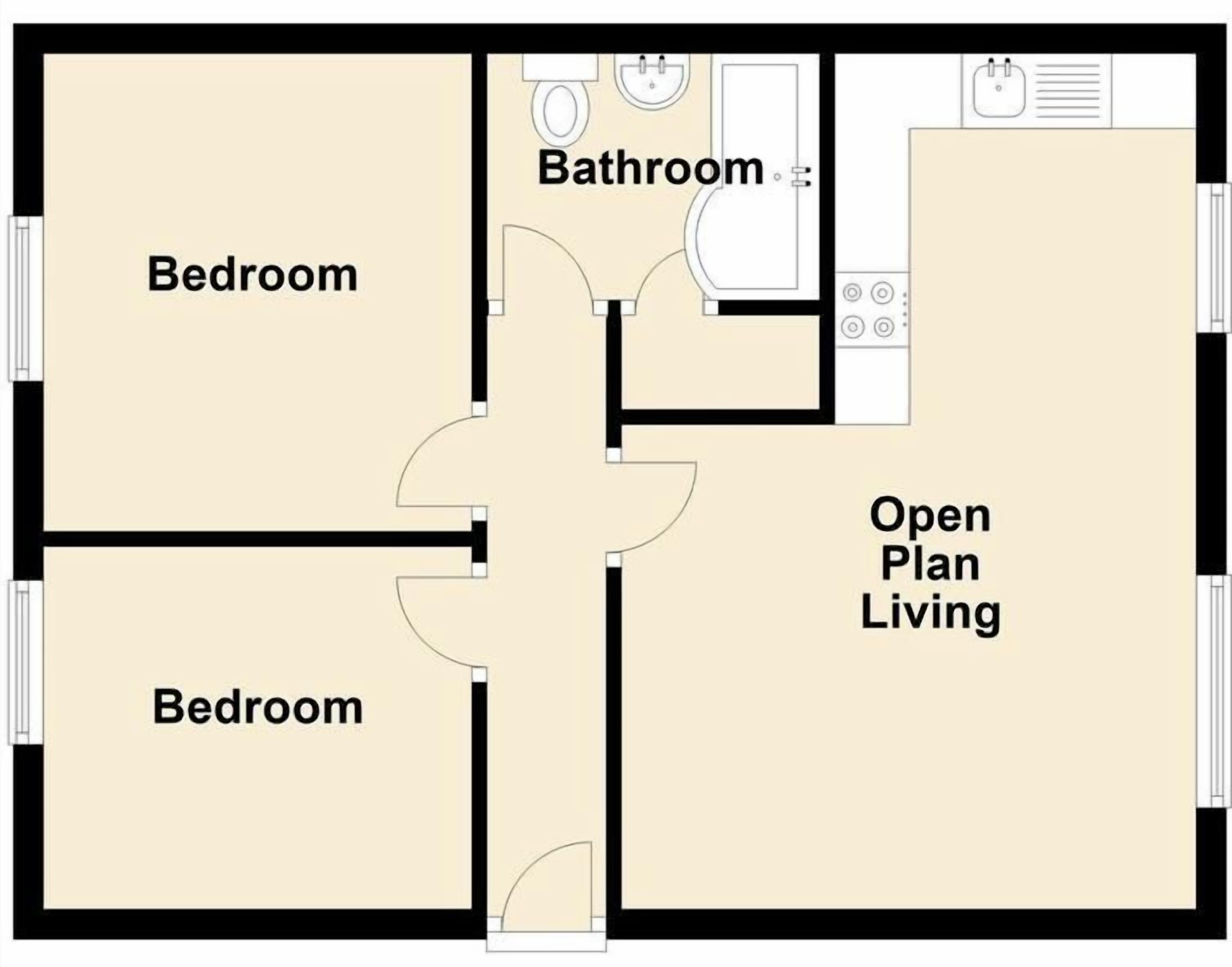 A floor plan with two bedrooms, a bathroom, and an open-plan living area.