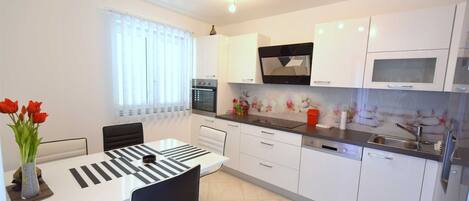 Fridge, microwave, oven, dishwasher