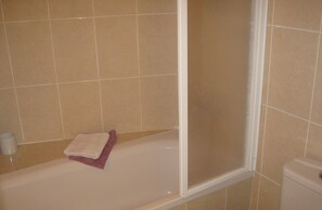 Combined shower/bathtub, hair dryer, towels, soap