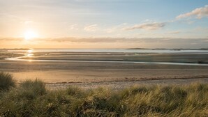 Un paisaje costero con una amplia playa de arena y dunas cubiertas de hierba en primer plano.