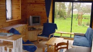 Ein Holzblockhaus-Interieur mit einer Couch, einem Fernseher und einem Essbereich.