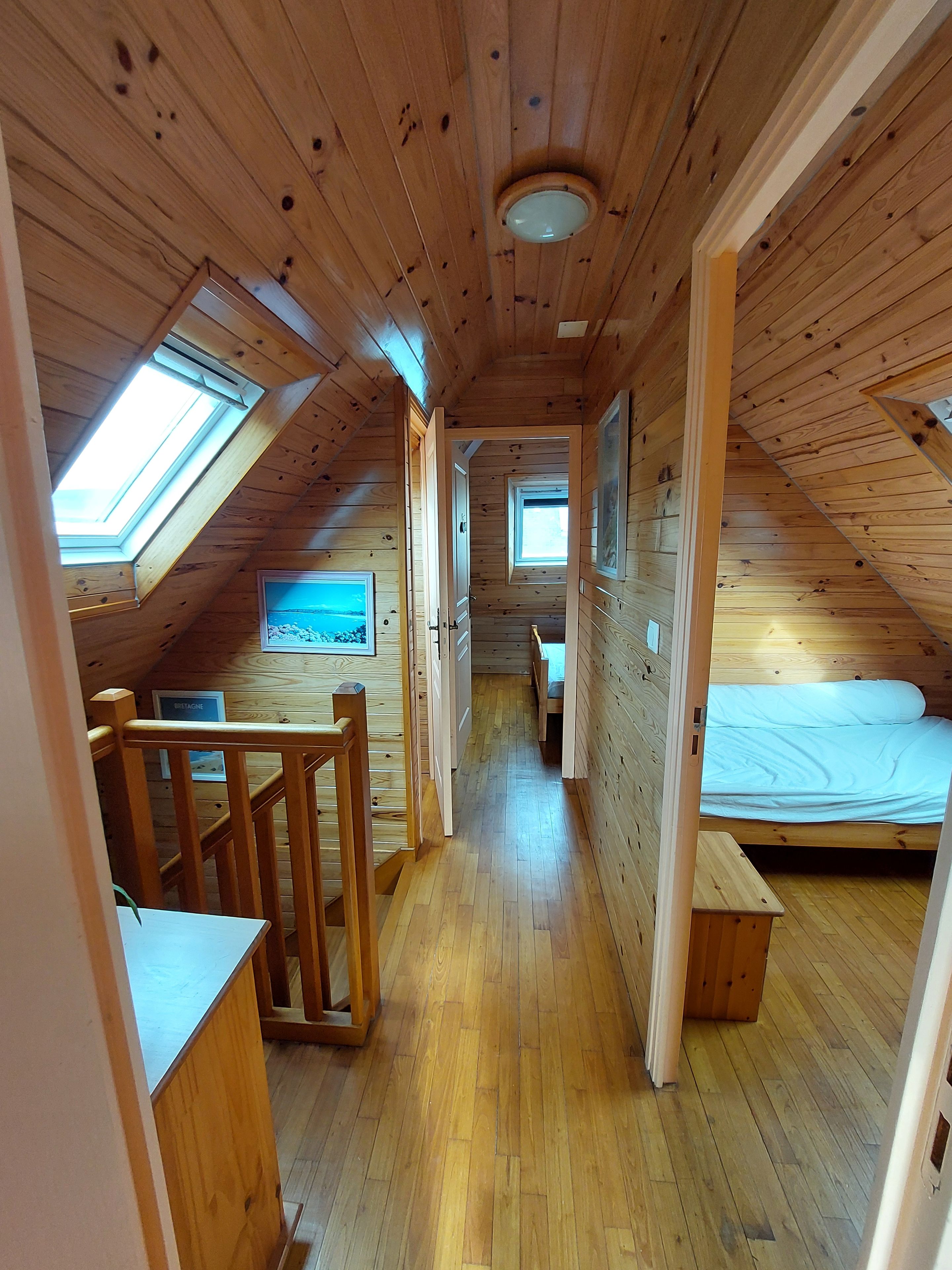 A wooden interior with a sloped ceiling, a visible skylight, a bed, and a bench.