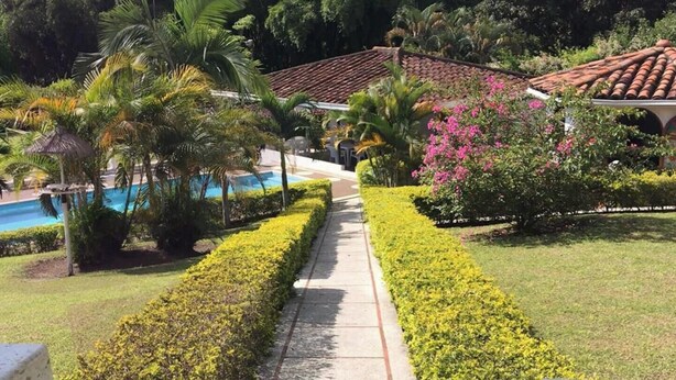 A pathway lined with neatly trimmed hedges, a swimming pool, and tropical vegetation. - Villa for rent in Cerritos Pereira (Pereira)
