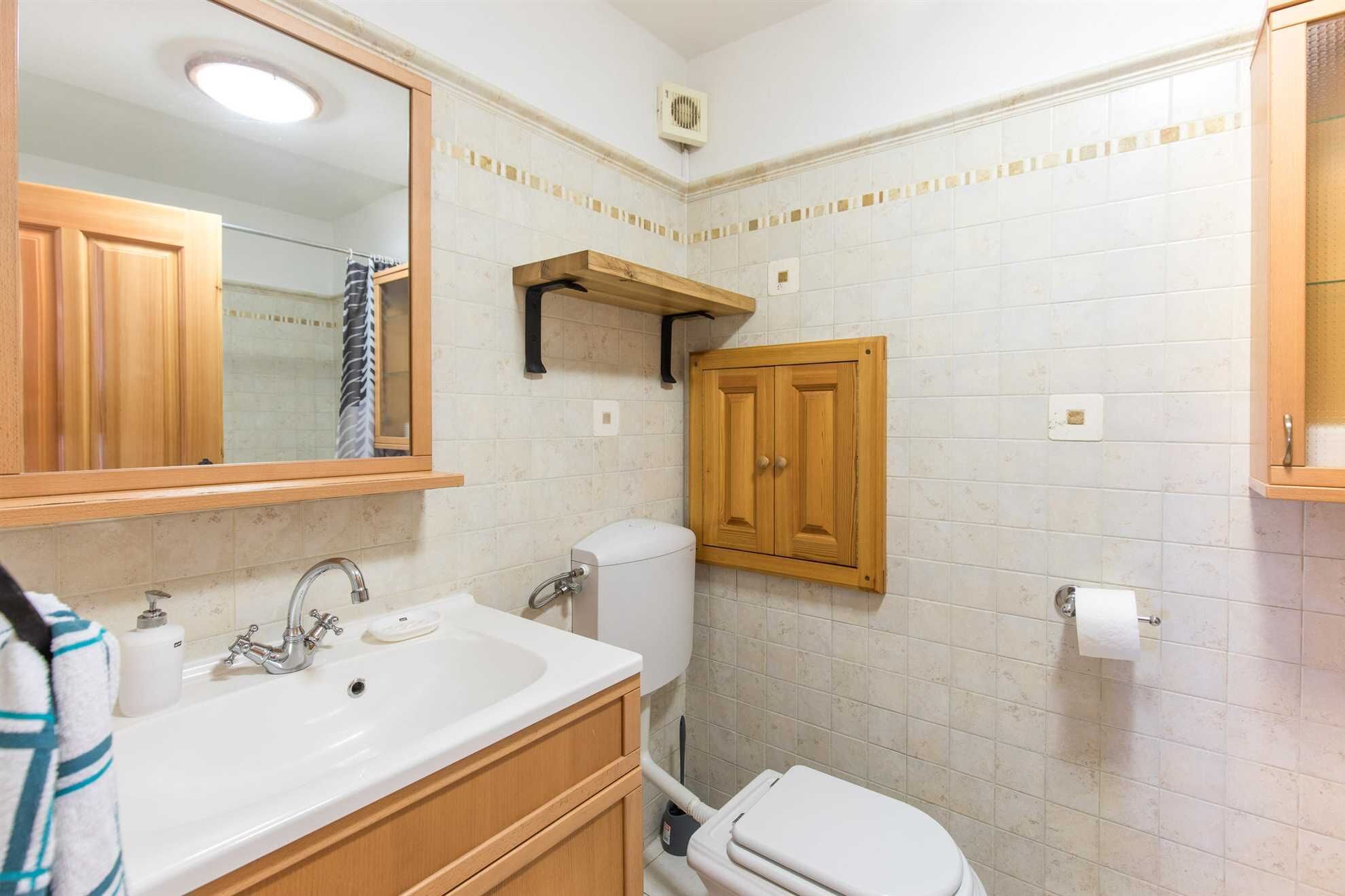 Een badkamer met een wit wastafel, houten kastjes, een spiegel, een toilet en een douchegedeelte.