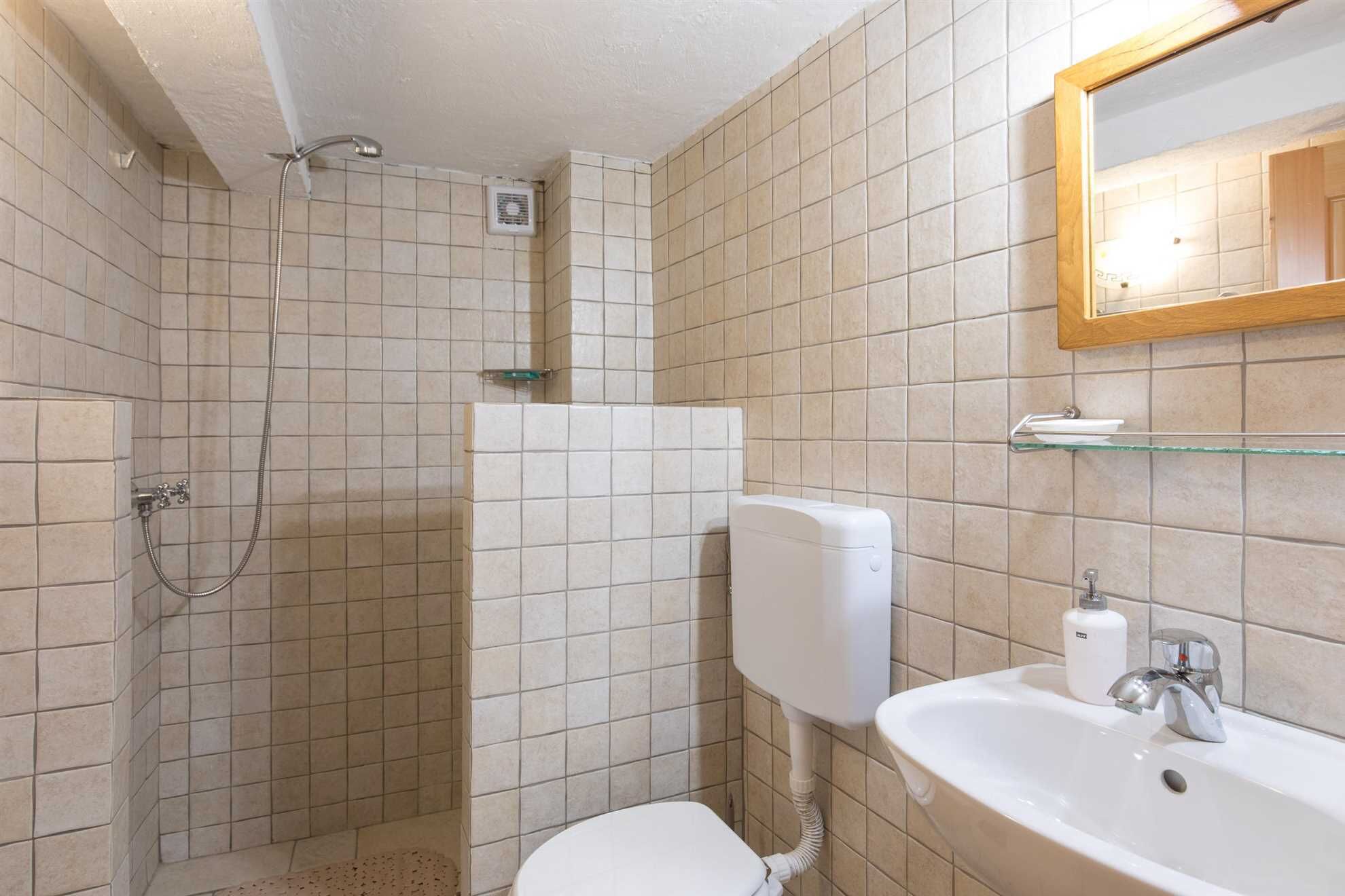 Un baño pequeño con ducha, inodoro, lavamanos y espejo.