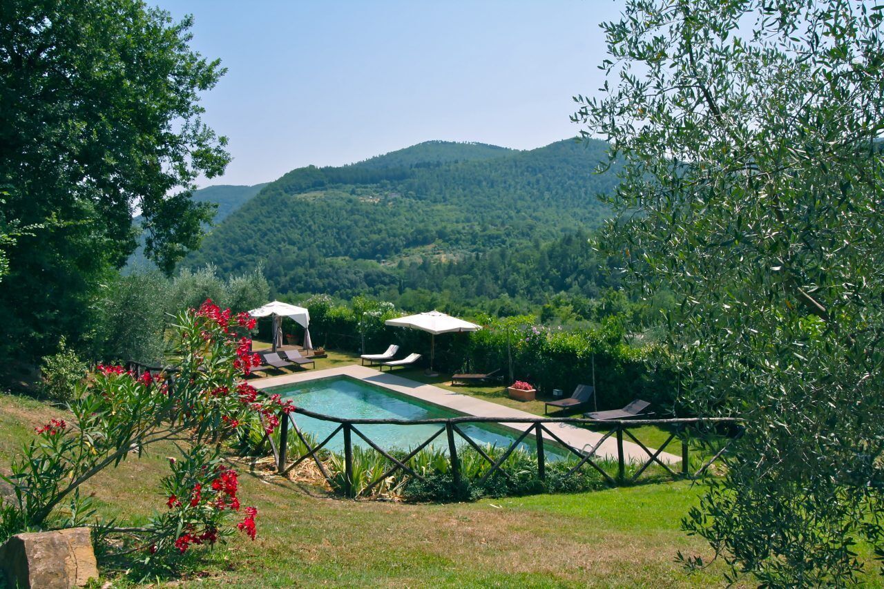 Zona de piscina con sillones de descanso y sombrillas, rodeada de exuberante vegetación y colinas al fondo.