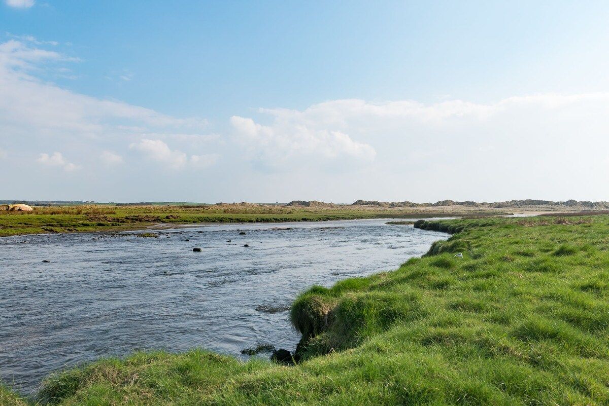 Een rivier die door een grasrijk landschap stroomt, met heuvels in de verte.
