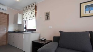 A compact living space with a kitchenette, a grey sofa, and a small table.