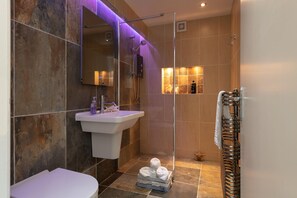 Combined shower/bathtub, hair dryer, towels