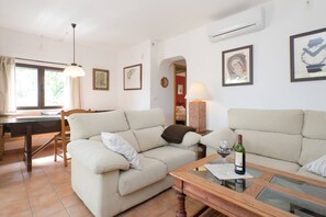 TV connectée, cheminée, lecteur de DVD, livres