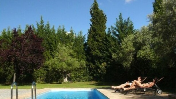 A swimming pool with a tiled deck, surrounded by trees and greenery. - Self catering Cortijo Algabia for 4 people (Alhendín)