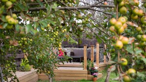 Eine Holzterrasse mit Sitzgelegenheit, umgeben von einem Garten mit Apfelbäumen und Pflanzkübeln.