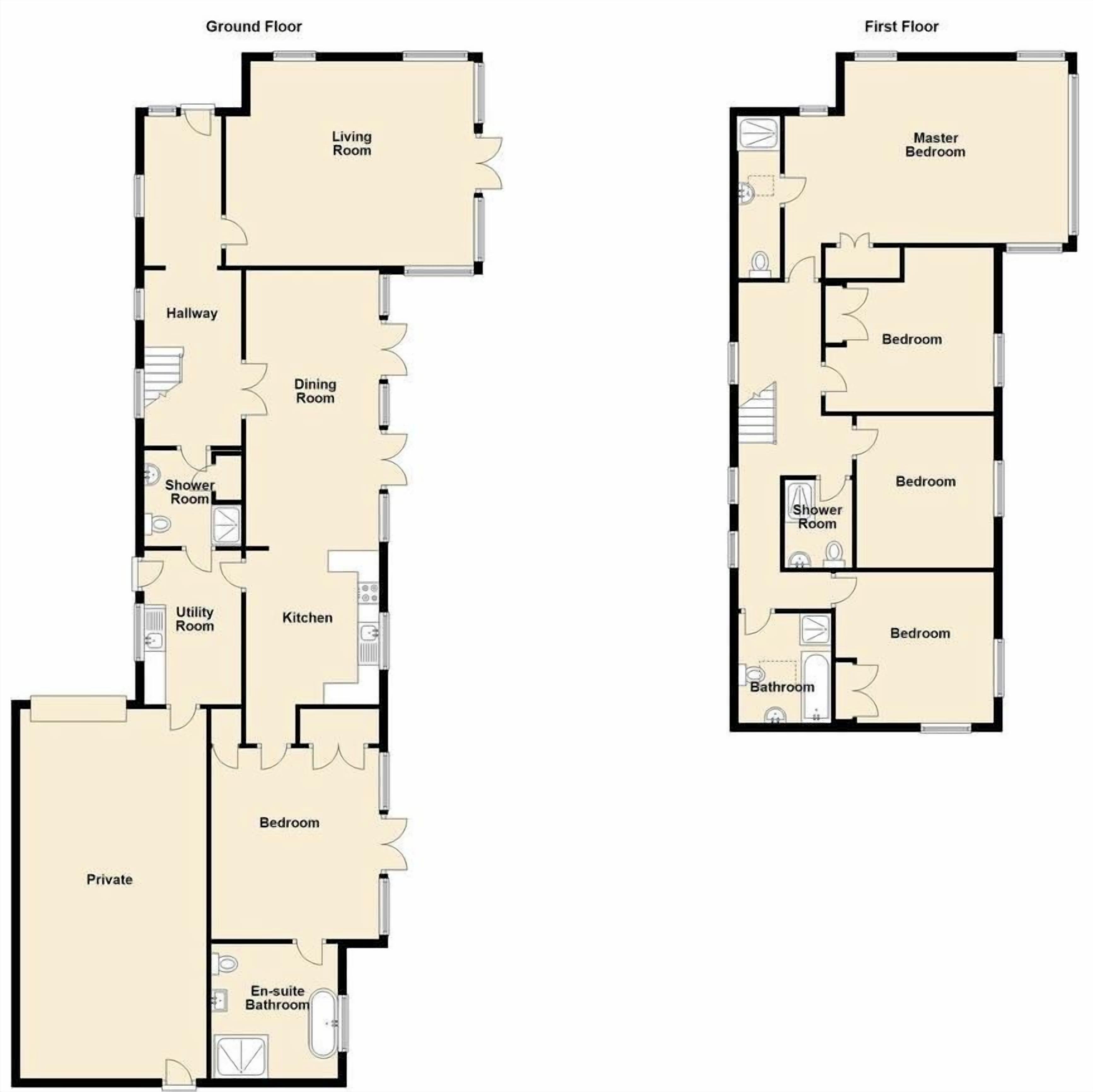 A two-story apartment layout with a living room, dining room, kitchen, and en-suite bathroom on the ground floor, and a master bedroom, two bedrooms, and a bathroom on the first floor.