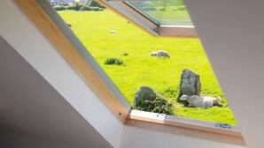 A skylight view of a grassy field with sheep and a stone monument. - Bwthyn Siwan: Charming Pet-Friendly Cottage in Aberffraw | Managed by Anglesey Holiday Lettings (Ty Croes)
