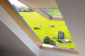 A skylight with a view of a grassy field and sheep. - Bwthyn Siwan: Two bedroom, pet-friendly holiday cottage (Ty Croes)