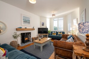 Smart TV, fireplace, DVD player, books