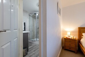 Walk-in shower in ground floor double bedroom en-suite, modern holiday home renovated 2024, Rhosneigr, Anglesey