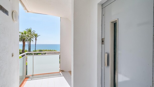 Un pasillo con una puerta blanca, un pequeño balcón con vista al mar y palmeras, y un piso de baldosas.