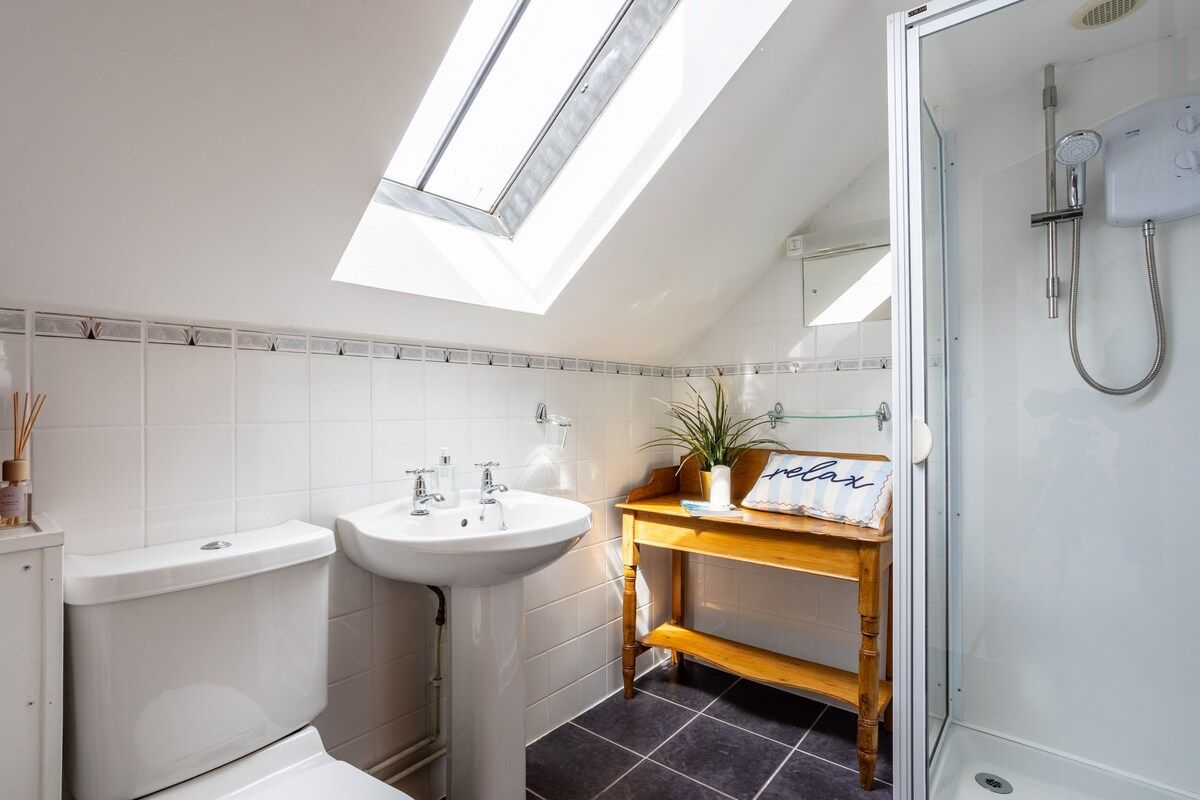 A modern bathroom with a skylight, a shower, a sink, and a vanity.