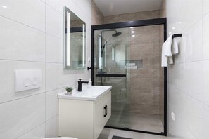 Douche, séchoir à cheveux, serviettes fournies