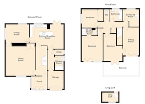 A two-story house with a ground floor and a first floor, including a basement and a crog loft.