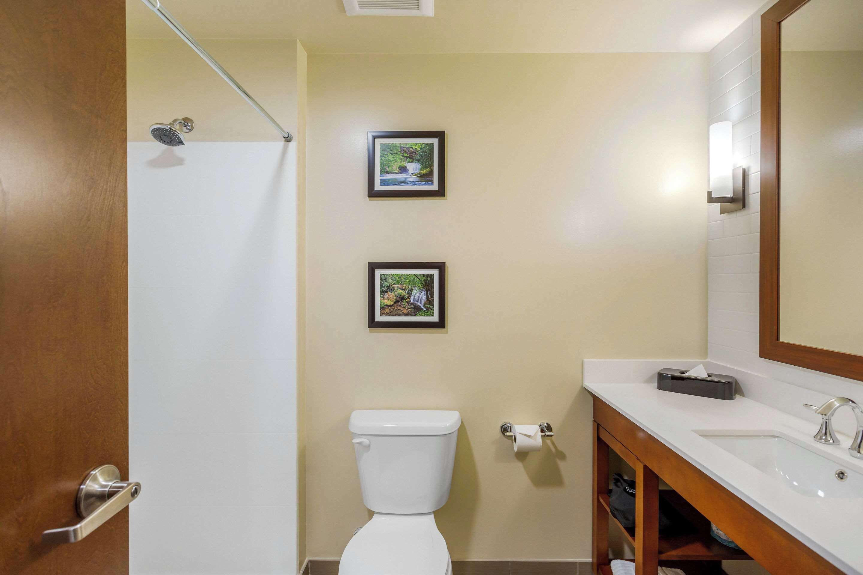 Een badkamer met een toilet, een wastafel en twee fotokaders aan de muur.