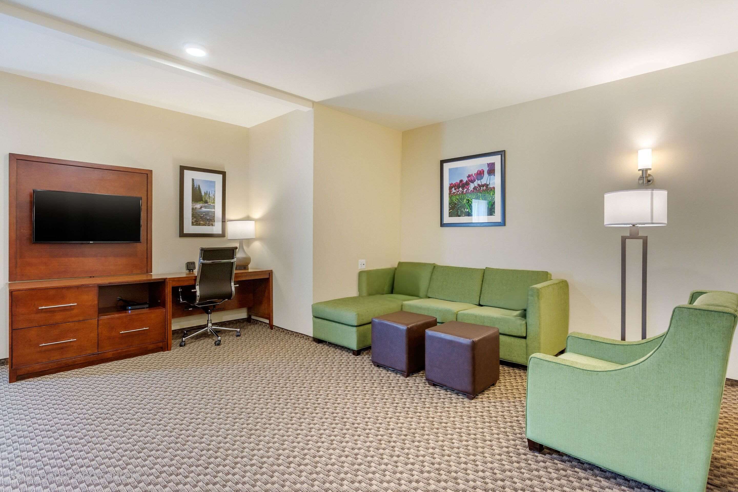 Une chambre d’hôtel avec un canapé vert, un bureau avec une chaise, un téléviseur à écran plat, une lampe et un sol recouvert de moquette.