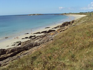 Nära stranden och solstolar