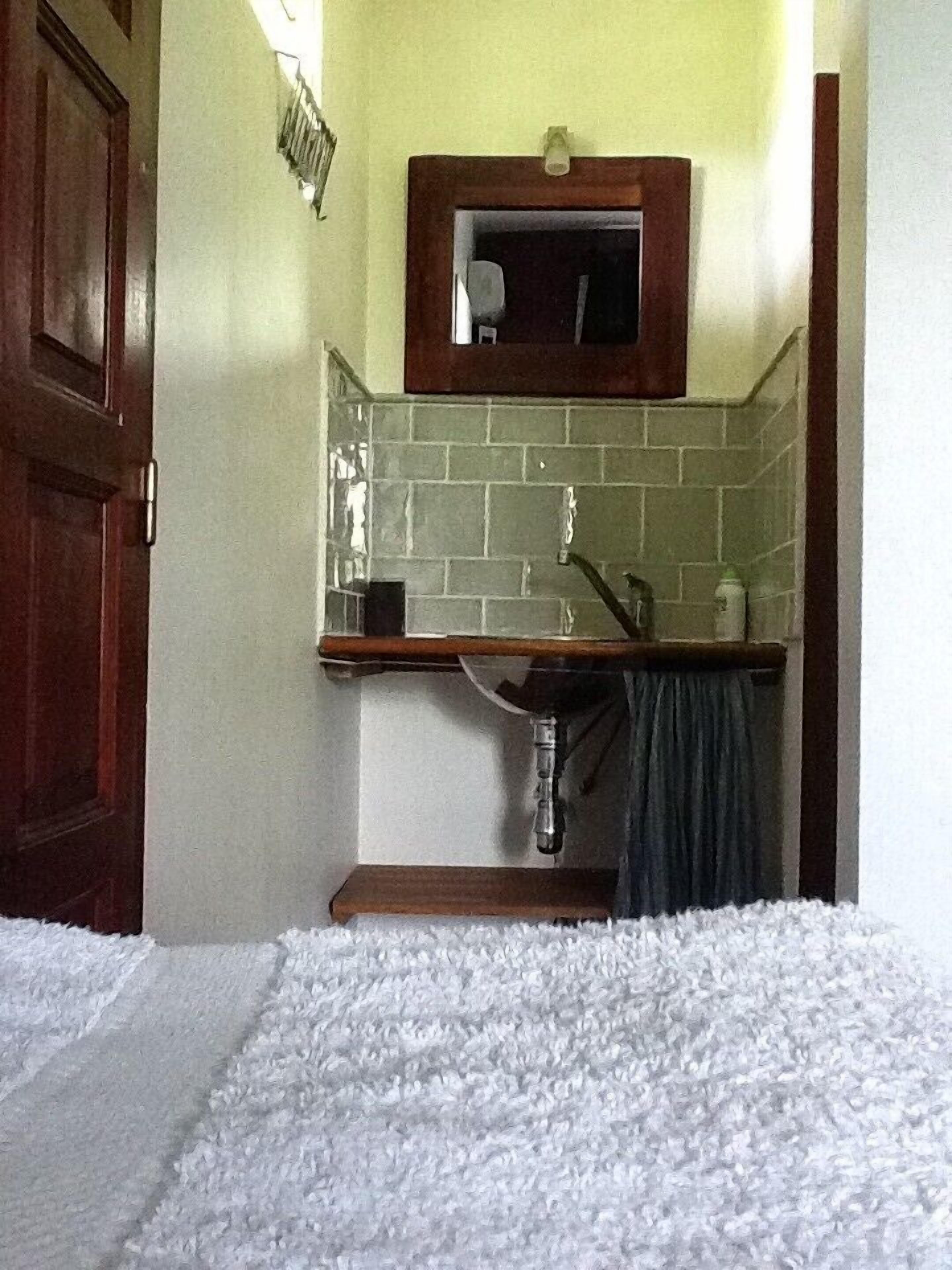 Un bany amb una porta de fusta, un frontal de rajola, un lavabo amb aixeta i un mirall sobre el lavabo.