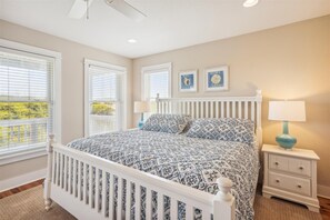 A bedroom with a white bed, two windows with blinds, a white nightstand with a lamp, and two framed pictures on the wall. - OCEANFRONT!  ELEVATOR!   HOTTUB!   5 Masters!   AMAZING OCEAN VIEWS! (Duck)