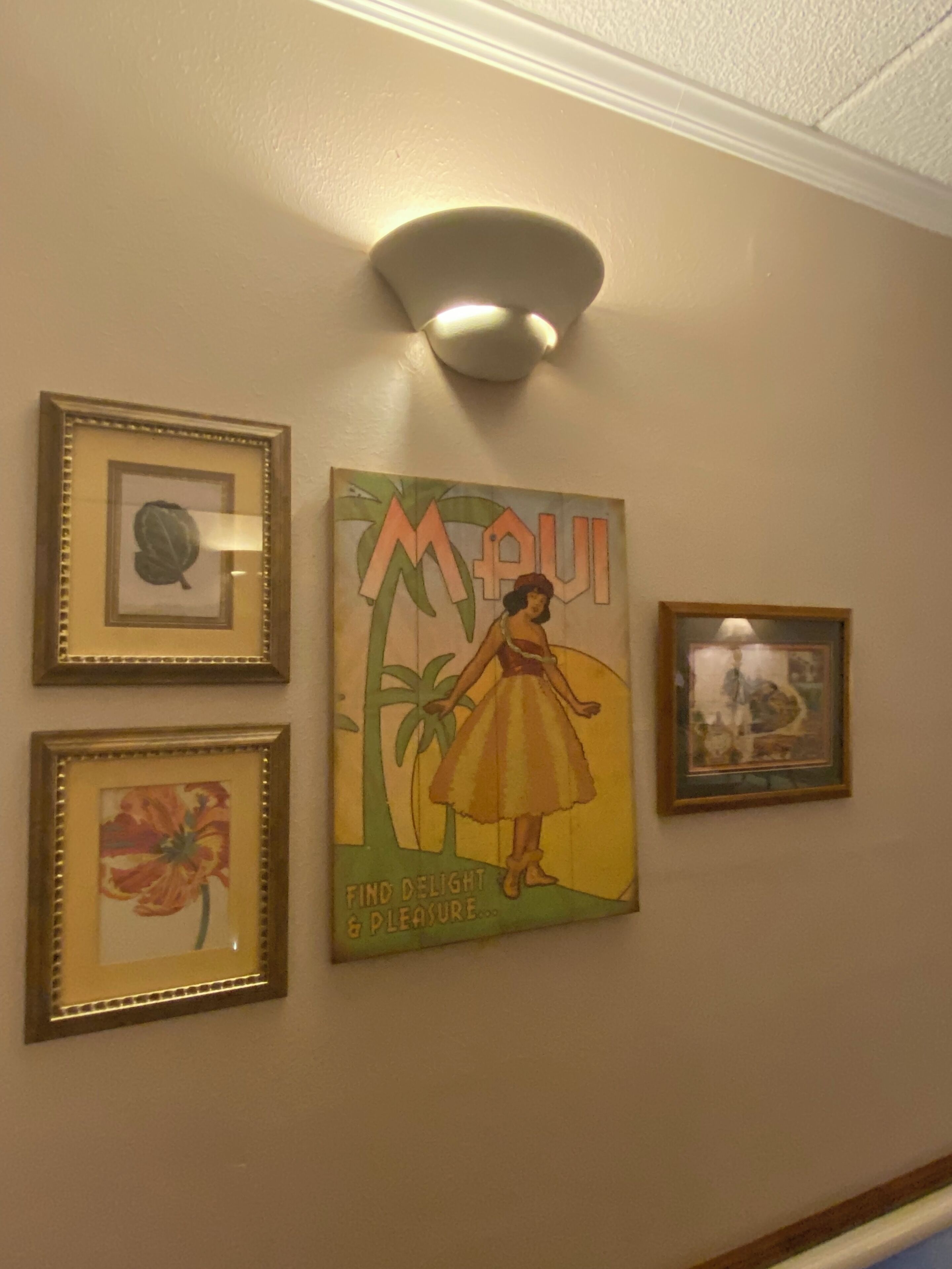 Un mur orné de trois œuvres d’art encadrées, dont une œuvre sur le thème tropical portant les inscriptions « Maui » et « Kind Delight & Pleasure ».