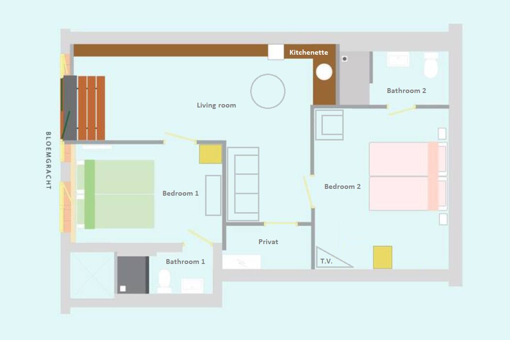Plano de planta que muestra una sala de estar, kitchenette, dos dormitorios, dos baños, un espacio privado y una sala de televisión.
