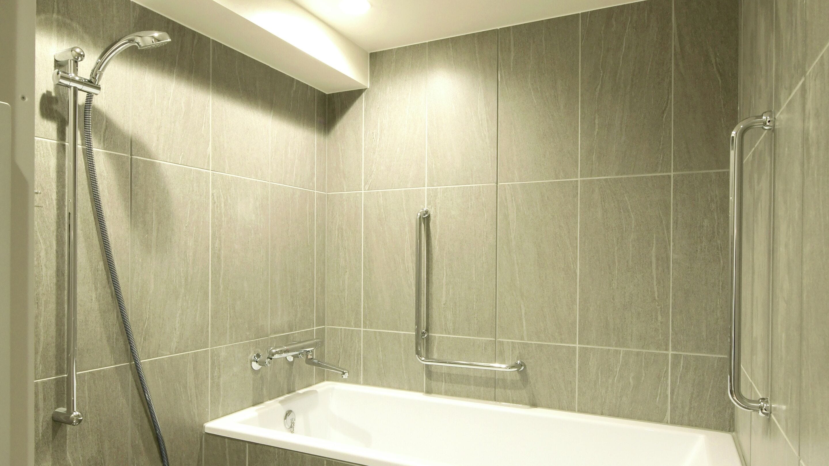 A modern bathroom with a walk-in shower, grab bars, and a white bathtub.