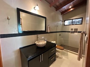 Shower, hair dryer, towels, soap