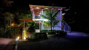 A modern house with a covered porch, a staircase, and a well-maintained garden at night.