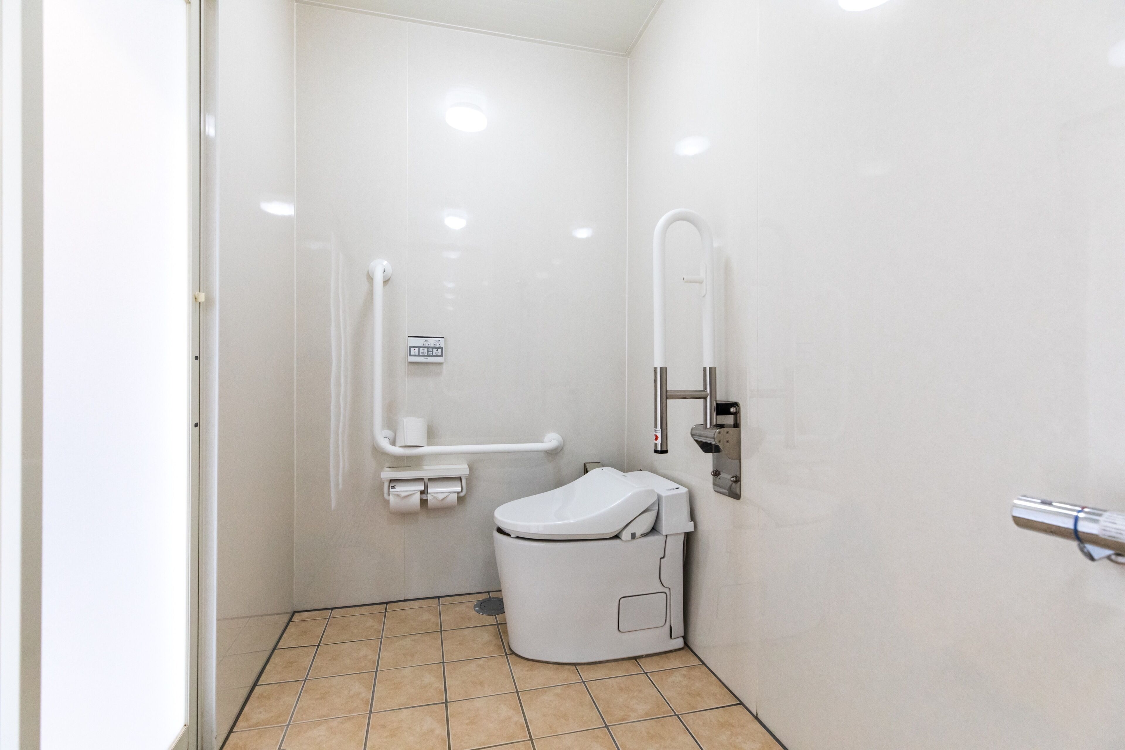 A small, white, tiled bathroom with a toilet, a handrail, and a wall-mounted mirror.