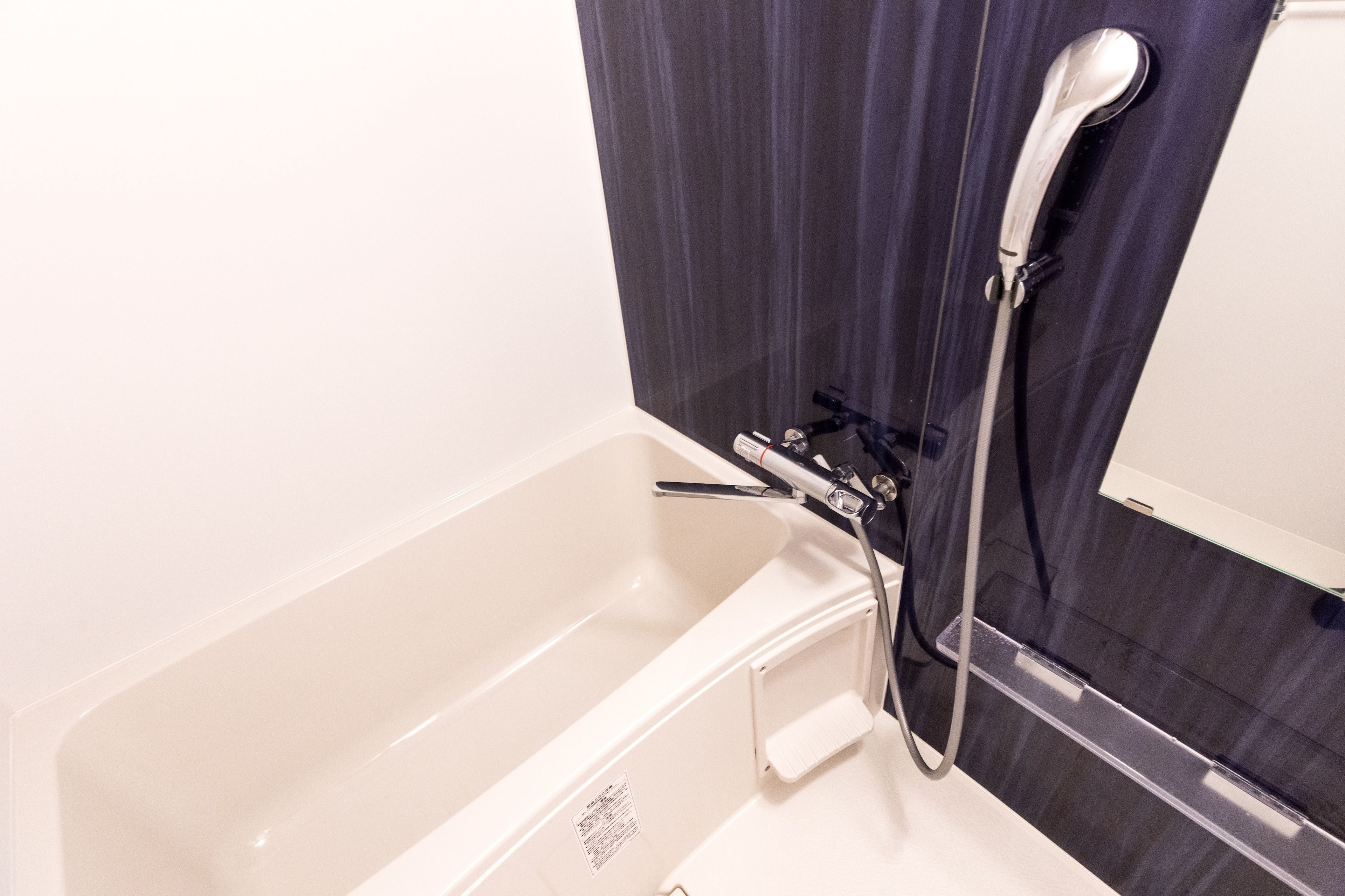 A modern bathroom with a bathtub, a shower, and a mirror.